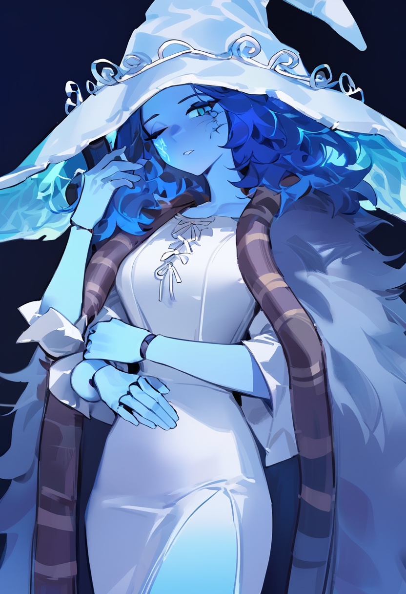 1girl, ranni the witch,  shiro9jira, ciloranko, ask \(askzy\), (tianliang duohe fangdongye:0.8), white witch hat, blue ring, white dress, grey fur cloak, blue hair, blue eyes, one eye closed, blue skin, cracked skin, doll joints, extra arms, extra faces, long hair, witch hat, dress, colored skin, witch, cloak, joints, fur cloak, hat, masterpiece, best quality, newest, absurdres, nsfw, explicit <lora:ln_v1.0-000016:1>