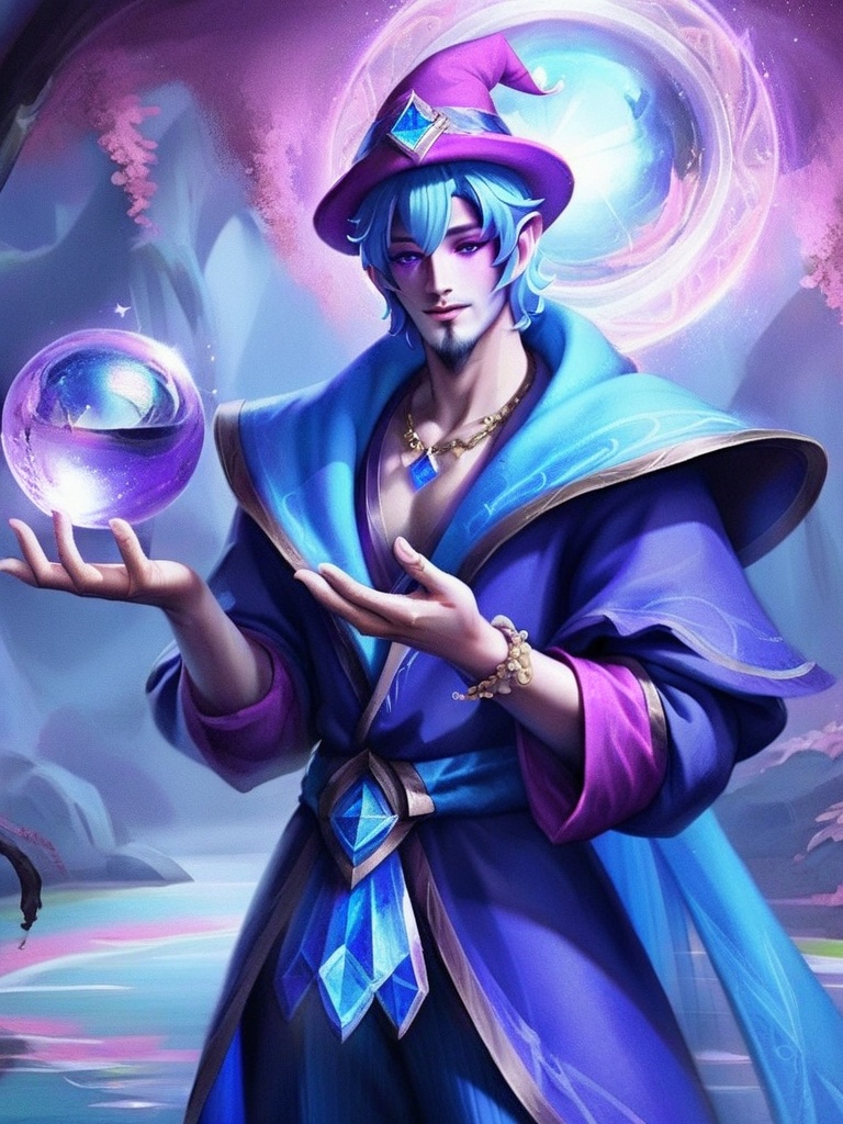 a man with a blue outfit and a purple hat holding a crystal ball in his hand and a purple and blue outfit on his left arm, <lora:XL_LOLMan:0.5>