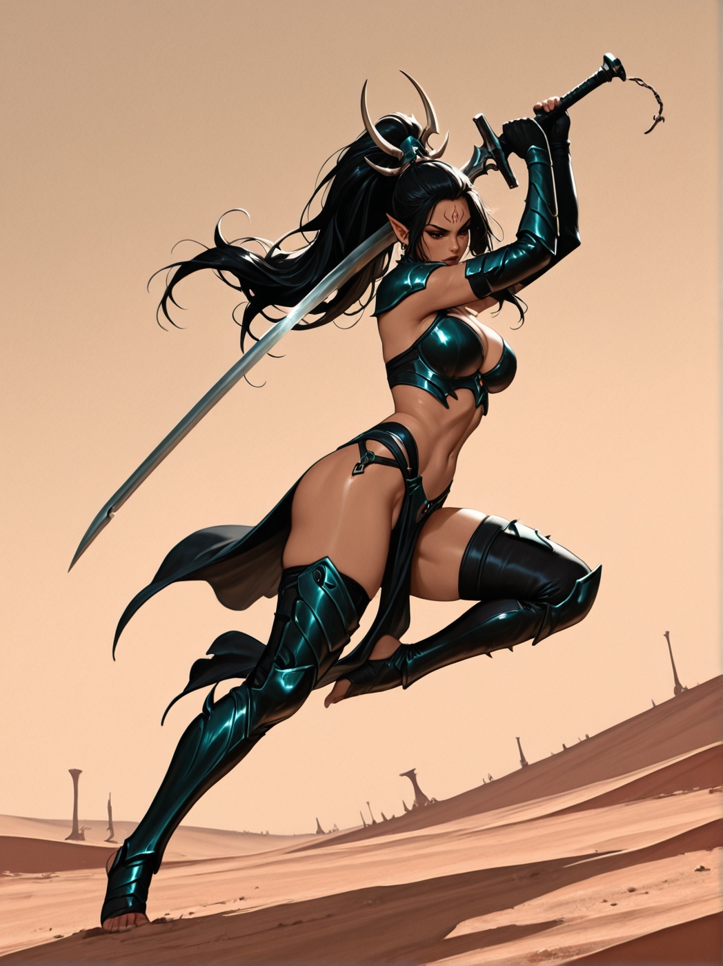 Drukhari Wych holding a sword,  dynamic pose,  desert backgroundmasterpiece on Tensor.Art