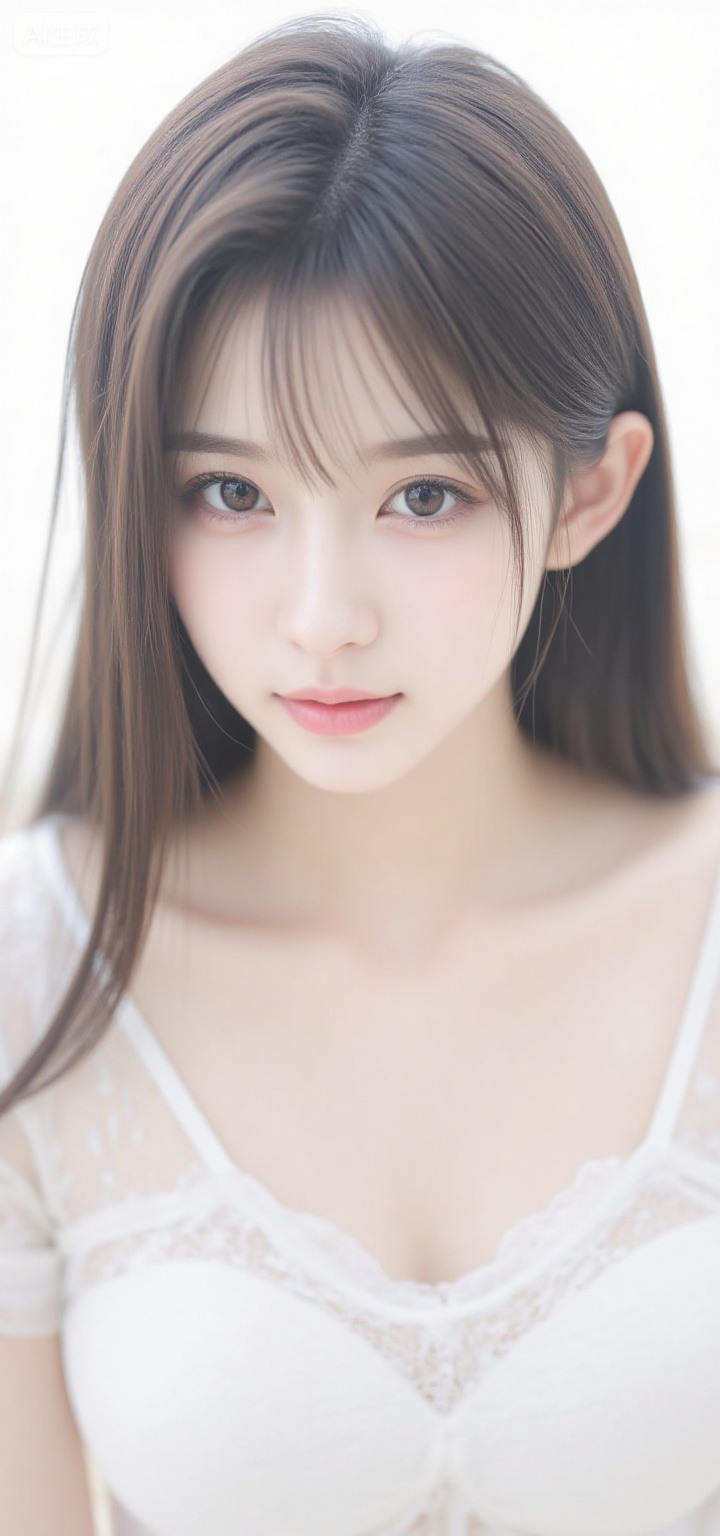Photograph of a young Asian woman with long,straight brown hair and bangs,wearing a white,sheer top. She has fair skin,light brown eyes,and pink lips. The soft,white background highlights her delicate,serene expression. The image has a gentle,ethereal quality.,, Negative prompt: ng_deepnegative_v1_75t,(badhandv4:1.2),EasyNegative,(worst quality:2),,nsfw, Steps: 20, Sampler: Euler, CFG scale: 3.5, Seed: 3277008486, Size: 720x1536, Model hash: 49fe535dad, Model: 星梦·电影&电视剧_Film_fp8.safetensors, Denoising strength: 0, RNG: CPU, Lora 1: F.1极致摄影-逼真人像, Lora Hash 1: 4f75f140d1, Lora Weight 1: 0.8, vae_name: automatic