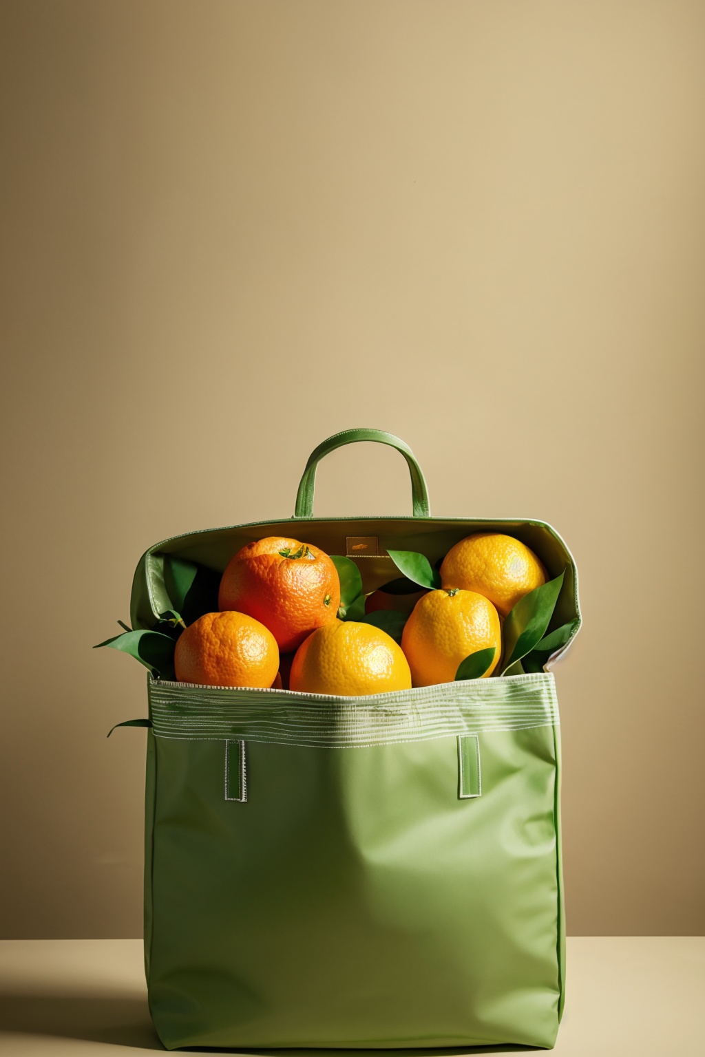 product photography, a vibrant green bag filled with various citrus fruits, including oranges, lemons, and limes. The bag is set against a draped green backdrop with sunlight casting a warm glow, creating a serene and fresh ambiance. The fruits are positioned around the bag, with one of the oranges cut open, revealing its juicy interior. The entire composition exudes a sense of luxury and freshness, masterpiece,best quality,