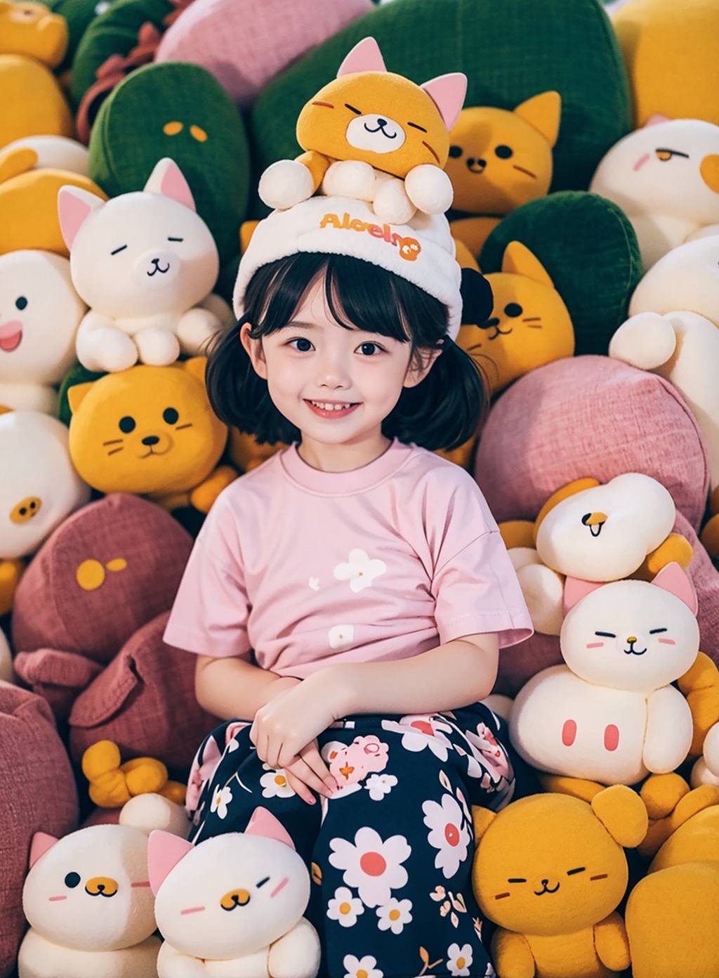 <lora:zgmaomao-000006:0.8>,1girl,zgmaomao,cat,smile,short sleeves,short hair,cat ears,solo,floral print,full-size photograph,pink t-shirt,pink hair,hat,cat_on_head,