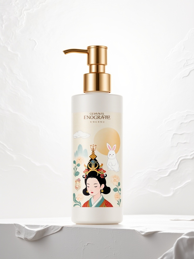 mzsas,a white, rectangular pump bottle with a gold top, featuring a Chinese-style illustration of a woman with a rabbit, a floral crown, and a crescent moon. The background is a textured, white surface with light, flowing water patterns. The bottle has a luxurious, elegant design.<lora:S-T-商业美妆-S1.4:1>