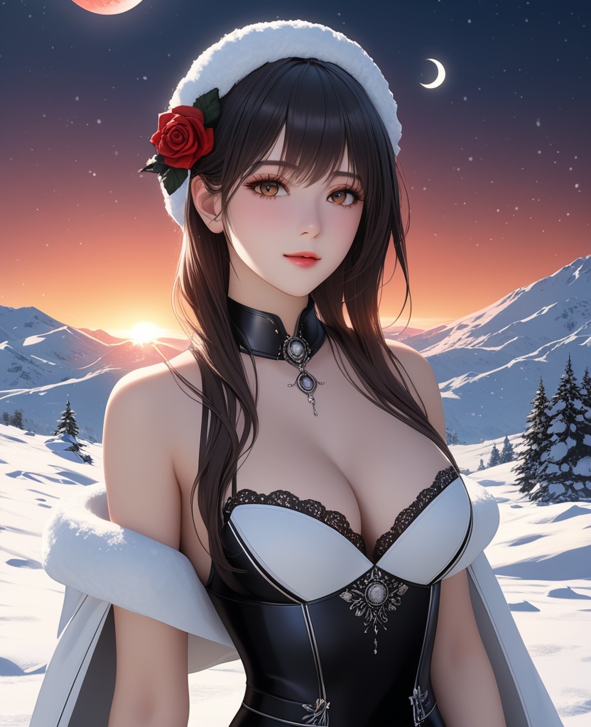 (,1girl, ,best quality, ),looking at viewer,masterpiece, (( , )),, realistic,science fiction,mole, ultra realistic 8k cg, ,      ,outdoors, snow, snowing, snow on head, sun,sunset,sunlight,moonlight,full moon, red moon,  crescent moon,  crescent rose,  black rose,       (cleavage), (),
