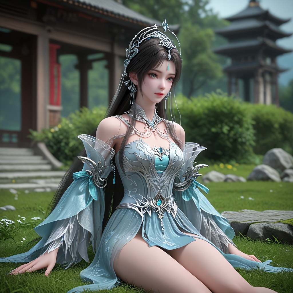 (oriental architecture, elegant decor, sophisticated style:1.1),Sitting on the grass, leaning back on hands,,(breasts:1.2),<lora:XL16完美世界天神书院清漪:0.95>,miss qingyi,white sheer corset dress over a pale blue underlay,grey eyes,black hair,hair ornament,half-up crown ponytail with long cascading hair,very long hair,jewelry,wide flowing sleeves,pelvic curtain,, zPDXL2, score_9, score_8_up, score_7_up BREAK realistic, masterpiece,best quality, highly detailed,, zPDXL3, zPDXL2,zPDXL, zPDXLxxx, zPDXLrl,