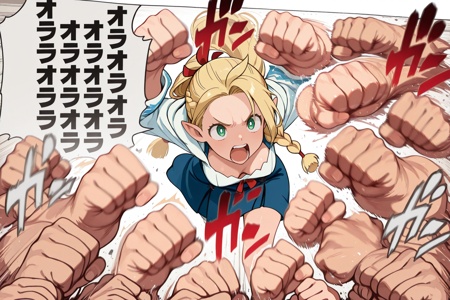 masterpiece, best quality, high quality, ultra-detailed,    <lora:oraora_rush_0.2b:1>oraora_rush, 1girl, solo, punching,many fists, speech bubble, japanese text, motion lines, motion blurmarcille donato, 