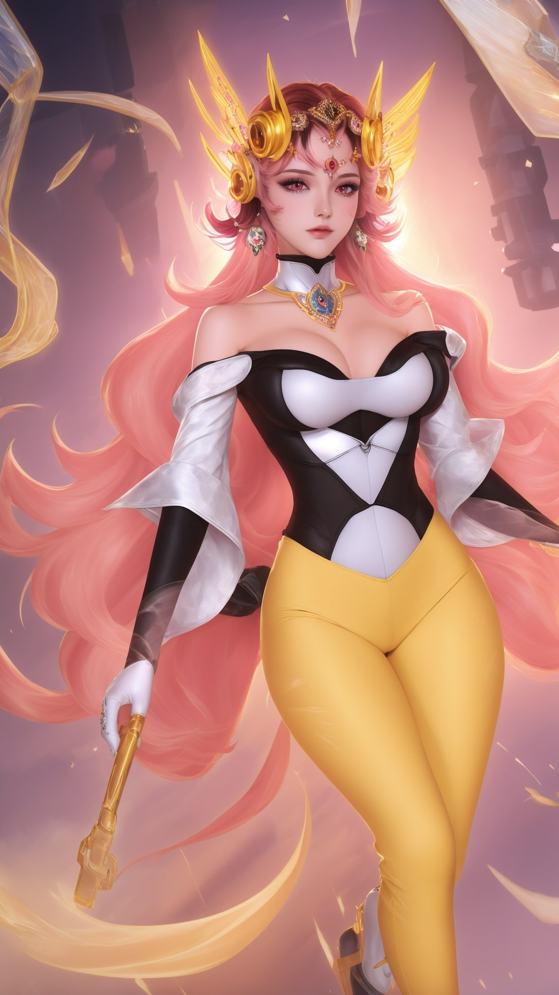 (1girl),smooth chin,masterpiece,detailed face,((hair ornament:1.6)),top quality,4k,make up,best quality,(detached sleeves),(medium breasts),blush,body blush,<lora:王者虞姬无限倾慕_v1.0:0.9>,(full body,long legs),black gloves,full bvody highleg leotard,yellow pants,white see-through sleeves,white mixed black edge clothes,(white bra),pink eyes,bare shoulders,headgear,
