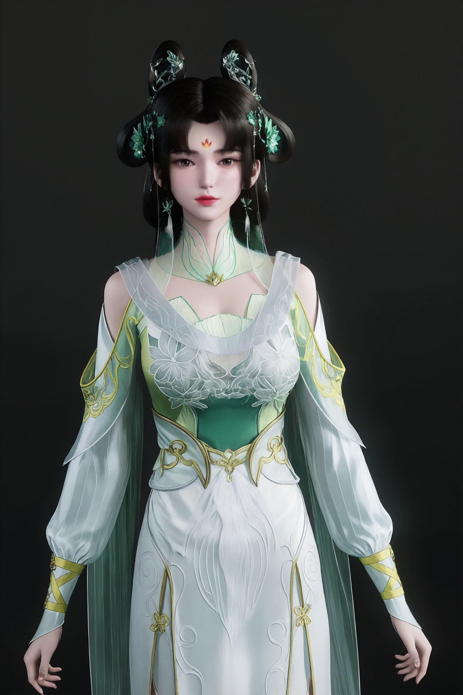 black background,standing,looking at viewer,1girl, cl\(xn\), hair ornament, black hair, hair rings,long hair, forehead mark,earrings, green dress,chinese clothes, white dress, long sleeves,  clothing cutout, shoulder cutout,