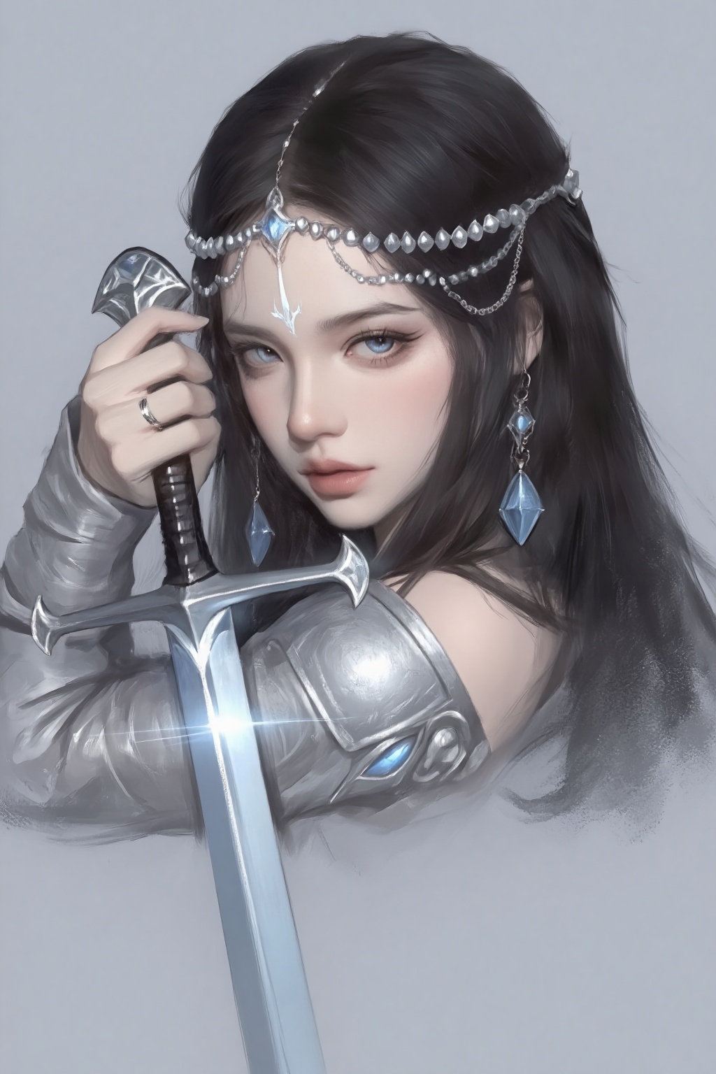 ZOZ_HEHUHU,The image depicts a highly detailed digital artwork of a character with long,dark hair adorned with intricate silver and blue accessories. The characters eyes are striking,with a vivid blue color that stands out against their fair skin. A delicate,glowing mark is visible on the forehead,and the character is holding a sword with a blue blade,suggesting a connection to a fantasy or medieval theme. The background is a soft,textured gradient of light blue and gray,adding a serene and ethereal atmosphere to the scene.,