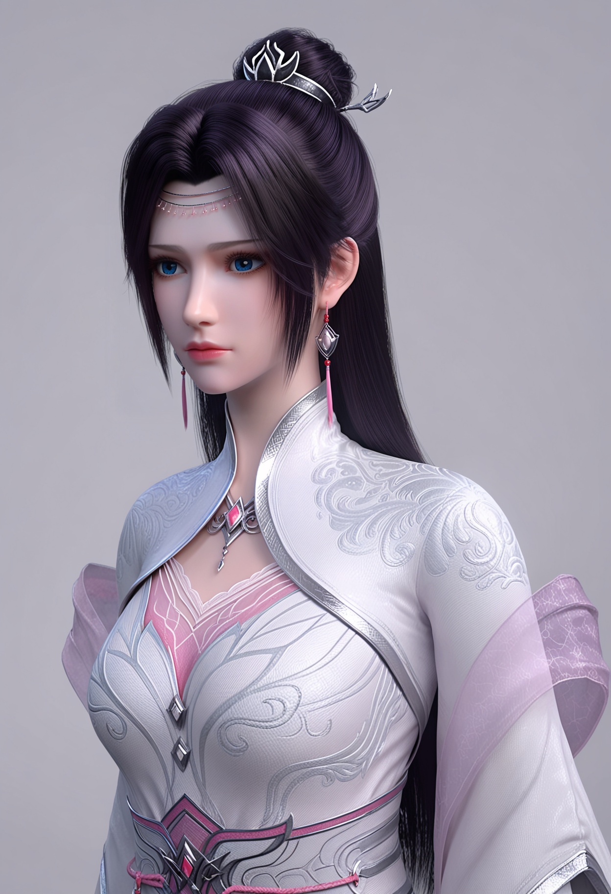 score_9,high detail,best quality,shiny skin,shiny,yunyunhz,1girl,solo,blue eyes,long hair,black hair,white background,dress,jewelry,earrings,chinese clothes,simple background,closed mouth,realistic,hair ornament,white dress,expressionless,hair bun,tassel,long sleeves,looking at viewer,thighs,<lora:QQSponyyunyunhzV1:0.8>,<lora:Pony_DetailV2.0:0.8>,<lora:皮肤凹痕:0.1>,