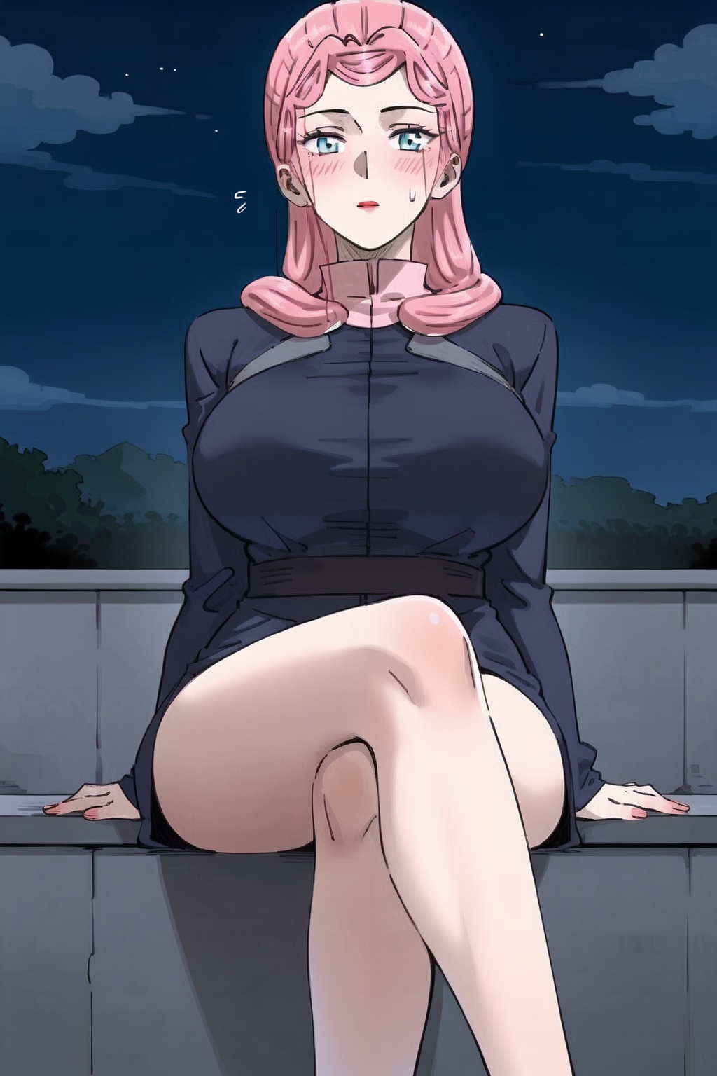 ,lyy,woman,1girl,solo,long hair,mature woman,breasts,looking at viewer,blush,bangs,blue eyes,large breasts,shirt,jacket,pink hair,outdoors,sky,sweatdrop,night,long legs,sexy figure,sitting,crossed legs,<lora:龙羽音pony (5):1>