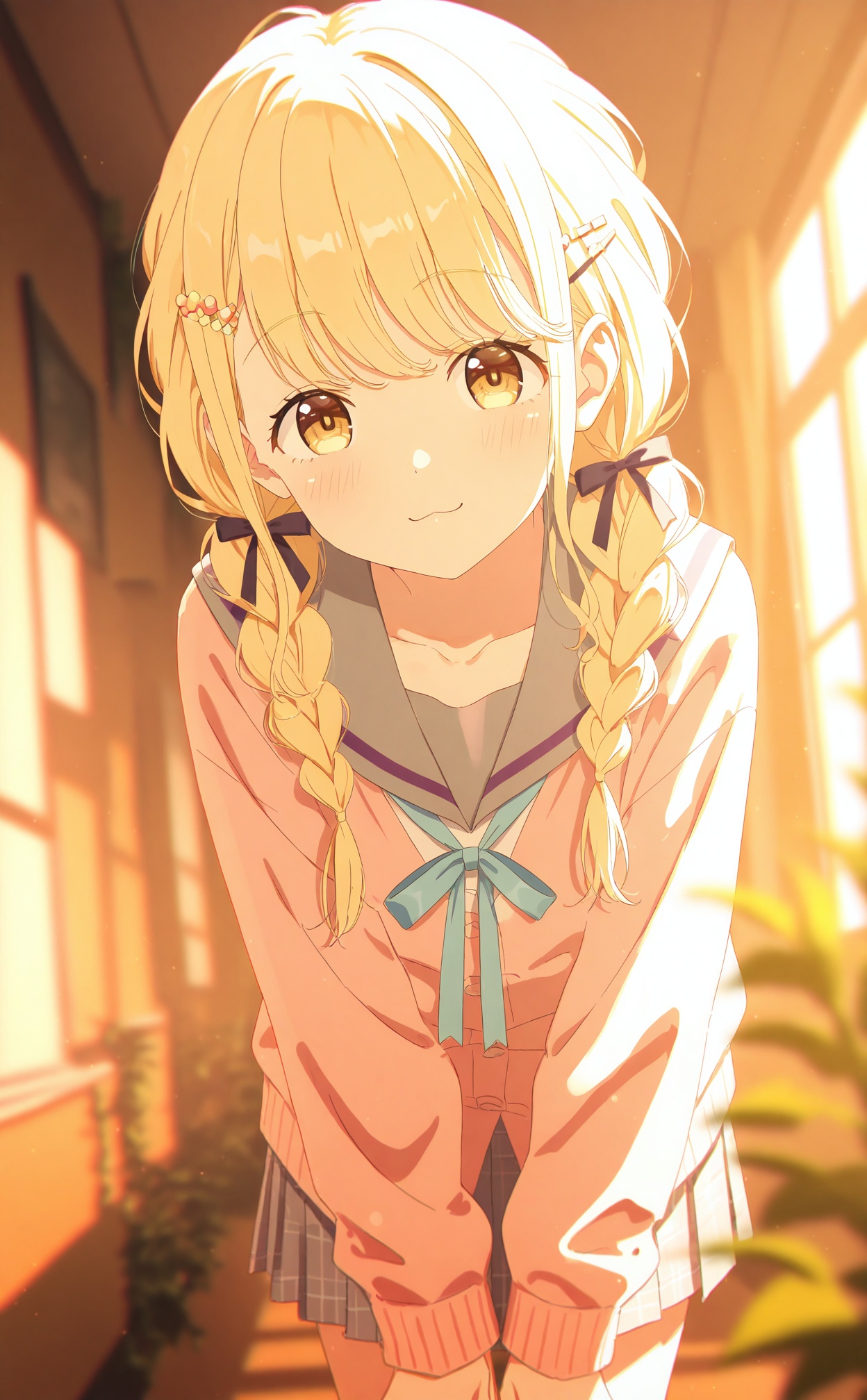 masterpiece,very aware,highres,absurdres,newest,best quality,loli,petite,high quality,chromatic_aberration,cinematic_angle,dutch angle,//,fujita kotone,1girl, blonde hair, solo, braid, twin braids, skirt, school uniform, looking at viewer, long hair, sailor collar, hair ornament, virtual youtuber, yellow eyes, ribbon, blush, pink cardigan, :3, indoors, long sleeves, leaning forward, serafuku, smile, pleated skirt, hairclip, blurry, blue ribbon, closed mouth, twintails, grey skirt, blurry foreground, window, flower, neck ribbon, collarbone, white skirt, plant, hair bow, bow, cardigan, grey sailor collar//,official art,depth of field,detailed light,blurry background,best shadow,shiny skin,cinematic lighting,ray tracing,amazing quality,very aesthetic,absurdres,beast quality,ultra detailed,newest,8K,HDR,//,<lora:BA2——【Illustrious】hans:0.4>,<lora:chahua——【noob】hans:0.6>,