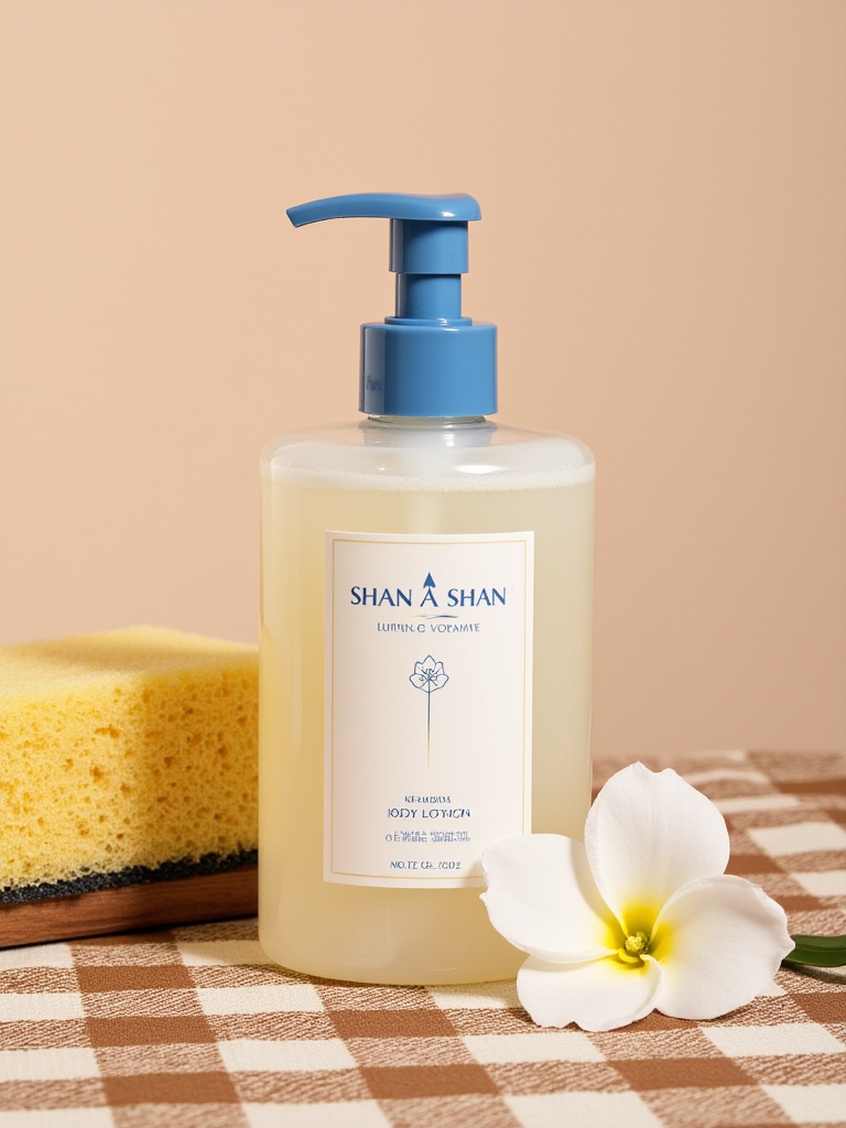 ttmzhsas,a bottle of "SHAN A SHAN" body lotion with a blue pump, placed on a brown and white checkered tablecloth, accompanied by a sponge and a white flower. The bottle has a white label with the brand name "SHAN A SHAN" written in a cursive font. The background is a neutral beige color. The image has a soft, dreamy quality.<lora:S-T-电商场景-S1.4:1>