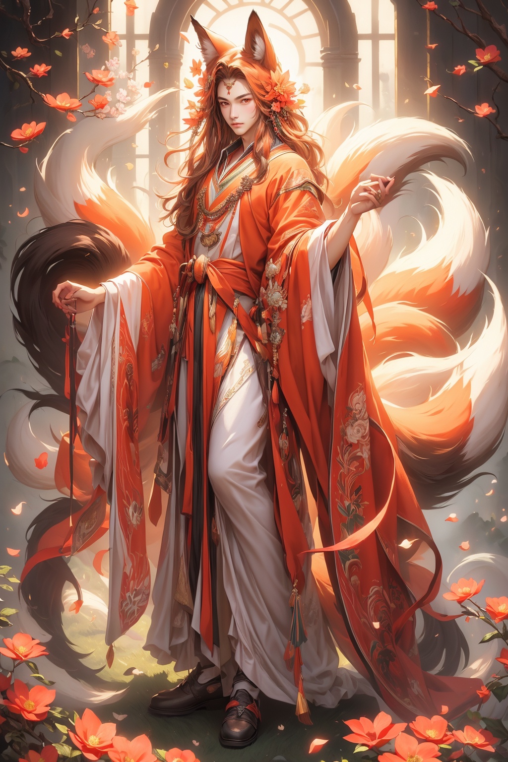 (masterpiece, top quality, best quality, official art, beautiful and aesthetic:1.2),1man,handsome,male focus,orange nail tails,fox ear,full body,front view,flowers,super realistic,super details <lora:狐女-000003:0.8>