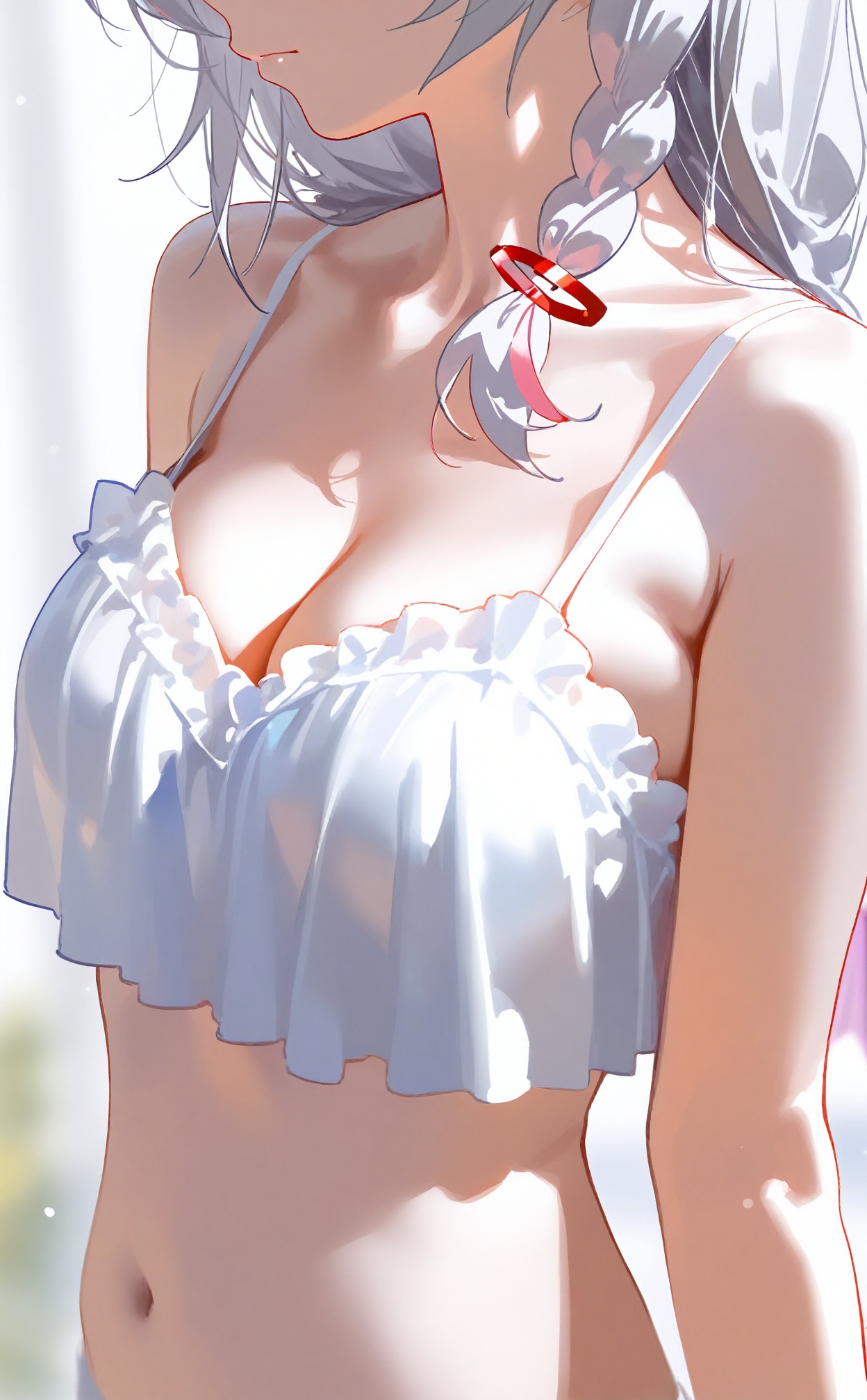 masterpiece,1girl, breasts, solo, long hair, cleavage, head out of frame, braid, navel, grey hair, white camisole, camisole, side braid, medium breasts, single braid, upper body, spaghetti strap, hair ornament, bare shoulders, haruna \(blue archive\), stomach, blurry, frills, crop top, closed mouth, halo, collarbone, bare arms, midriff, frilled camisole, from side, depth of field, hairclip