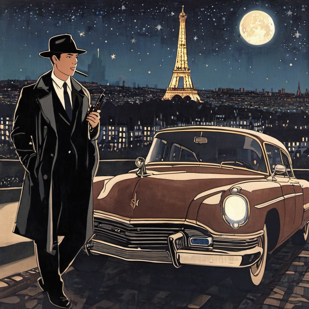 <lora:ukiyo-e_xl:1>,solo,black hair,1boy,hat,holding,standing,male focus,outdoors,sky,night,formal,bottle,suit,ground vehicle,building,star \(sky\),night sky,motor vehicle,starry sky,cigarette,smoking,car,train,lighter,jacket,necktie,pants,smoke,watch,city,wristwatch,city lights,a nighttime scene in paris,with the eiffel tower illuminated against a starry sky.,there's a silhouette of a male character in the foreground possibly a detective or spy,wearing a fedora and a suit. he's holding a cigarette in one hand and a gun in the other,he stands next to a luxurious car which has its headlights on,the city lights shimmer in the background,serene yet mysterious.,nighttime scene,eiffel tower,male character,fedora,gun,luxurious car,headlights,ambiance,