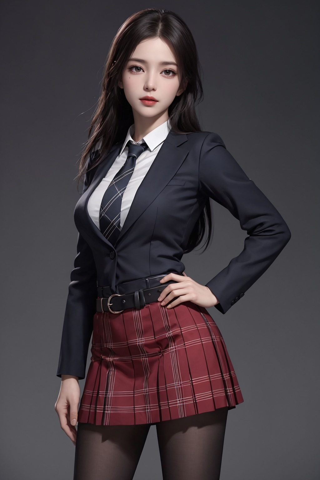 masterpiece,best quality,official art,extremely detailed CG unity 8k wallpaper,realistic,light rays,light particles,1girl,solo,skirt,pantyhose,plaid skirt,black hair,long  hair,pantyhose,standing,day,(simple background:1.2),necktie,dynamic pose,looking at viewer,cowboy shot,breasts,hand on hip,belt,lips, <lora:jk美女:0.8>