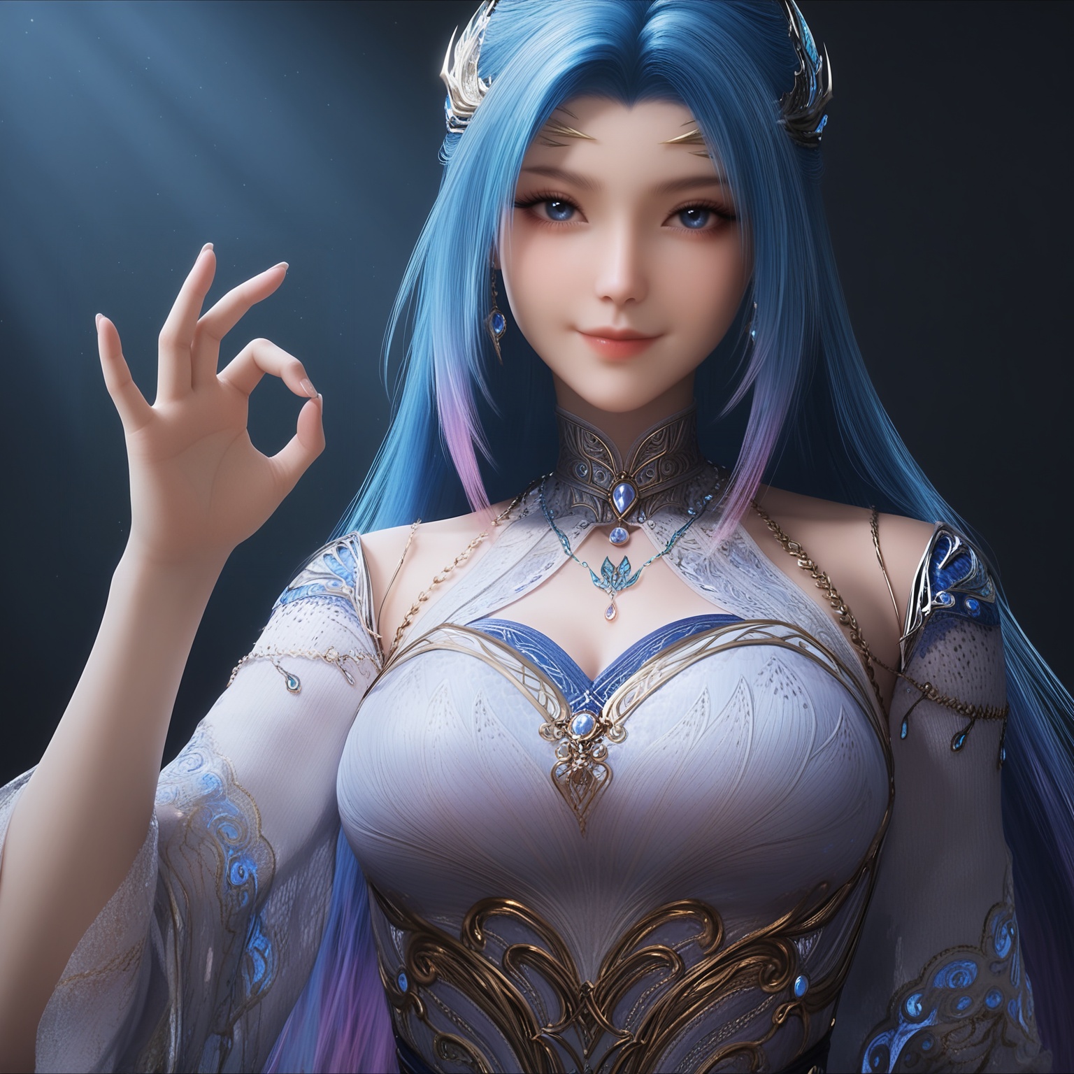 masterpiece,best quality,absurdres,highres,BREAK(glamor:1.1),slender,1girl,solo,<lora:唐舞桐-ill-000008:0.83>,long hair,blue hair,hair ornament,gradient hair,blue eyes,jewelry,earrings,necklace,(seductive_smile:1.1),evil smile,high collar,clothing cutout,dress,detached sleeves,(large breasts),looking at viewer,front view,upper body,ok sign,BREAKsimple background,black background,rim light,Tyndall effect,Volumetric Lighting,Cinematic Lighting,realistic,