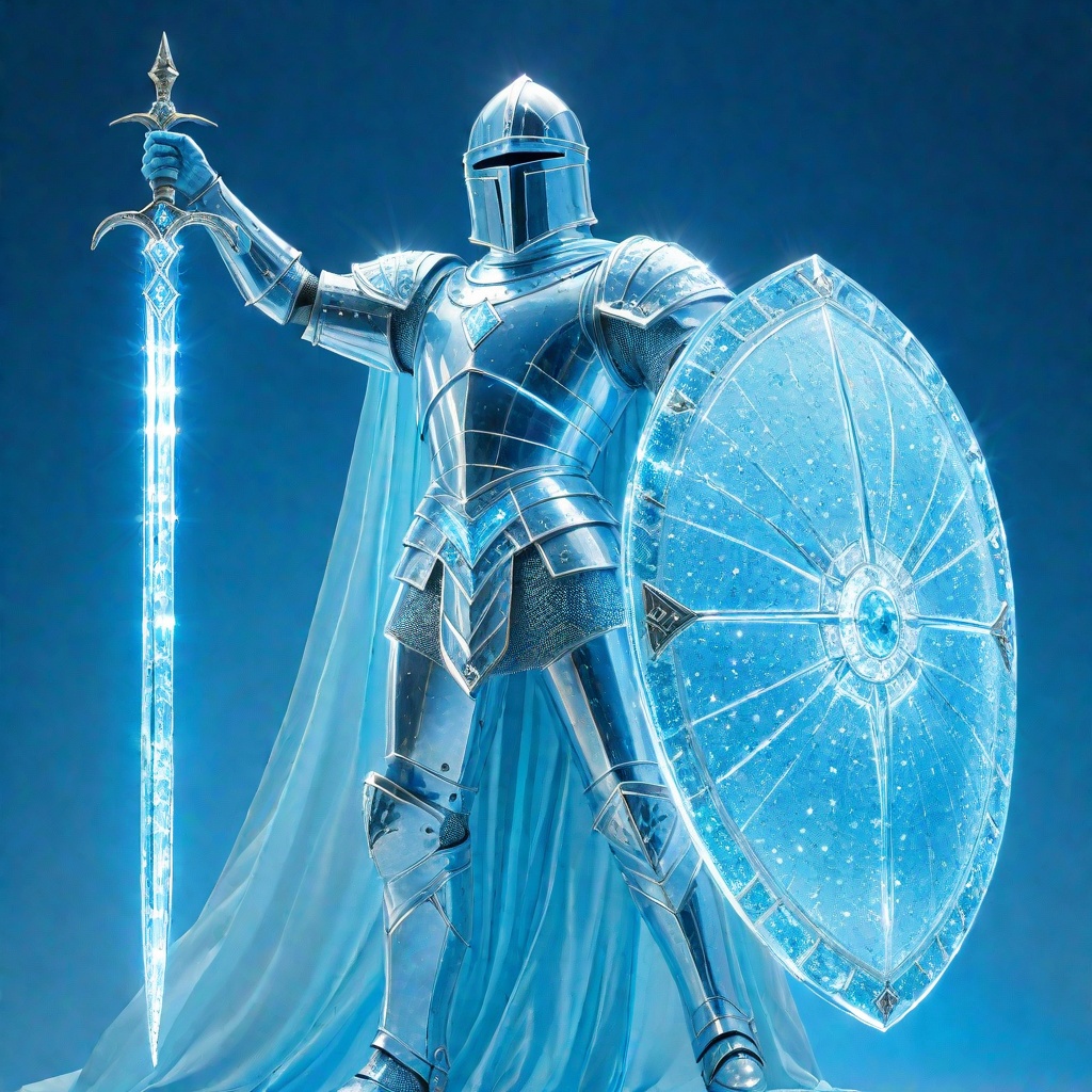 A Glorious Knight with Shield holding a fist up,  He is made of light and aquamarine blue crystal arsworldoflight on Tenso...