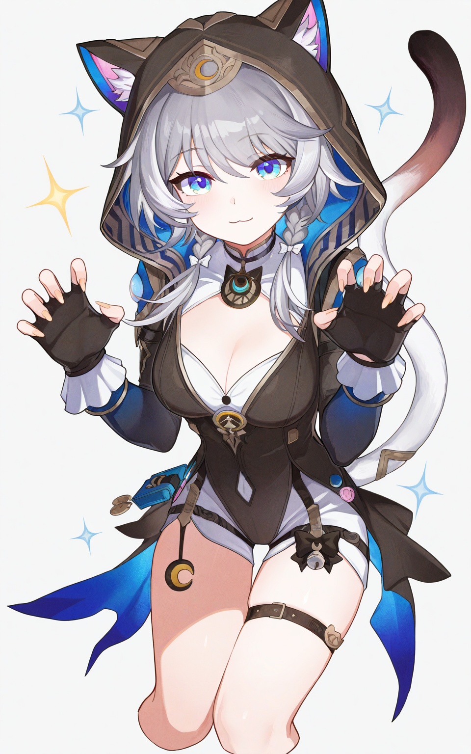 anon,crisp,transparent,akengihci,masterpiece,best quality,foreshortening,dynamic_angle,extremely delicate and beautiful,huge filesize,Noise and grain,amazing quality,wallpaper,\\//,Cipher\(honkai:star rail\), 1girl, solo, tail, breasts, animal ears, cat tail, gloves, grey hair, hood, white background, simple background, cat ears, cat girl, blue eyes, :3, black gloves, braid, looking at viewer, shorts, smile, fingerless gloves, animal hood, hood up, closed mouth, cleavage, long sleeves, long fingernails, cropped legs, fingernails, twin braids, thigh strap, medium breasts, cat hood