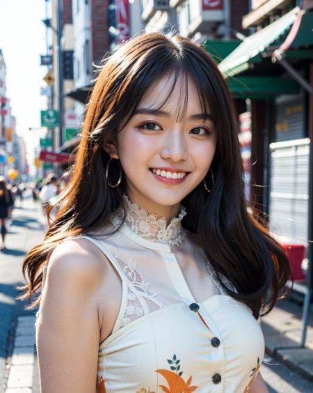 a woman posing on the street corner with orange dress on,  best quality,  high res on Tensor.Art
