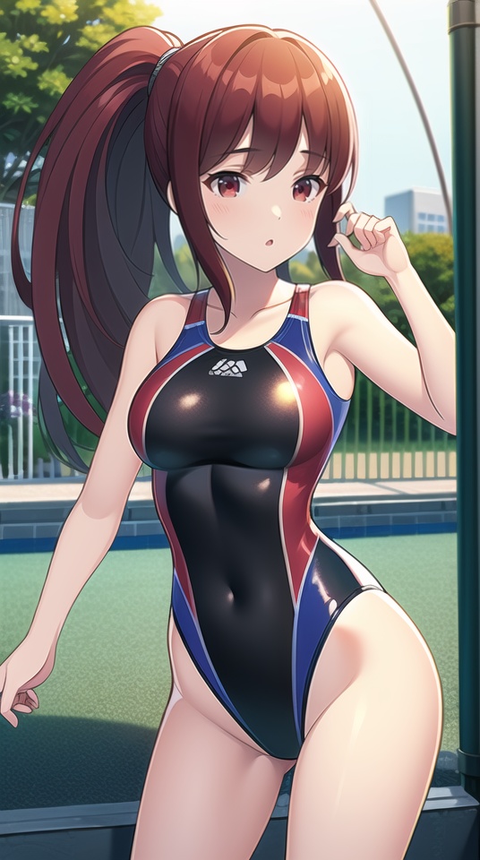 (best quality), ((masterpiece)), (highres), illustration, original, extremely detailed, <lora:yongyi4:0.8>yyds, 1girl, competition swimsuit, swimsuit, one-piece swimsuit, red hair, ponytail, red eyes, fence, solo, long hair, chain-link fence