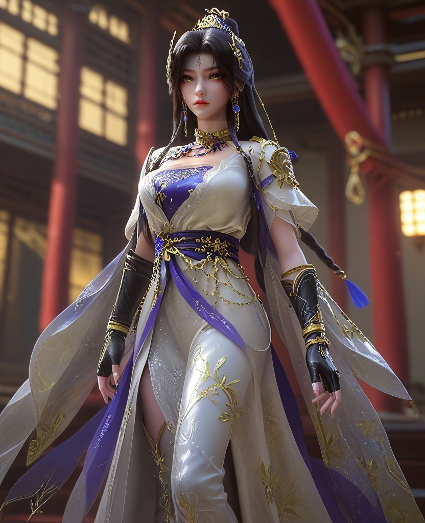 (oriental architecture, elegant decor, sophisticated style:1.1),(Legs wide apart, one hand trailing down her body as if to invite exploration, she exudes an irresistible sensuality:1.1),(From a bird's-eye view, capturing the entirety from above:1.1),(large breasts:1.2),<lora:XL16云深不知梦羲和缉魔司:0.95>,missxihe,white dress with tulle skirt,brown eyes,forehead mark,black hair,very long hair,half-up braid with long cascading hair,hair ornament,jewelry,earrings,black fingerless gloves,white thigh boots,wide flowing sleeves,blue violet bandeau,sash,, score_9,score_8_up,score_7_up,score_6_up,score_5_up,score_4_up,3d rendering,tag1,tag2, Cinematic Lighting,backlighting,