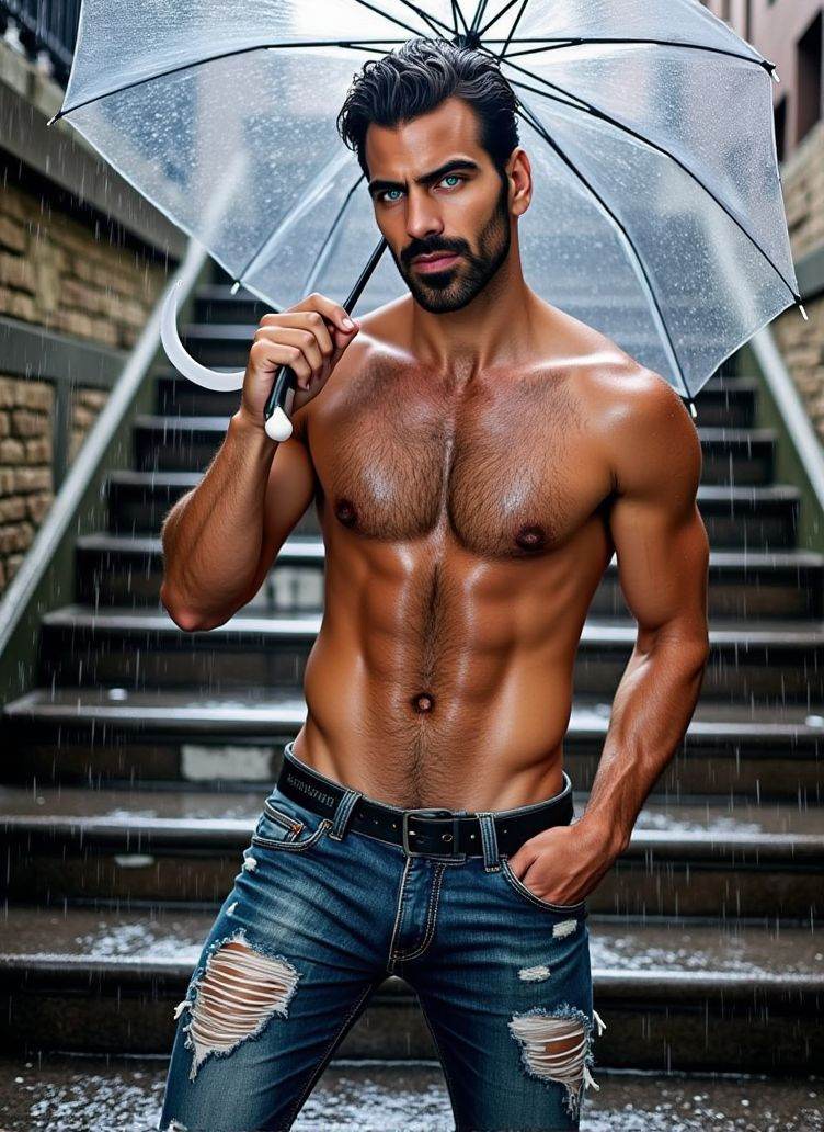 Nyle Dimarco ,  stands on a large stone staircase,  the rainwater cascading on the steps. He holds a transparent umbrella...