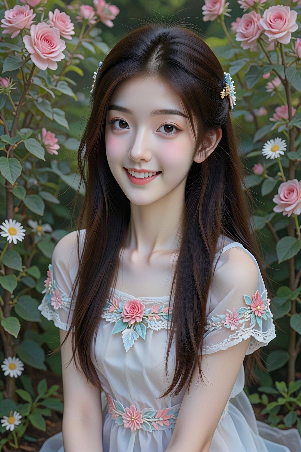 This photograph captures a beautiful young Asian woman with long,  wavy brown hair and fair skin,  smiling warmly. She is...