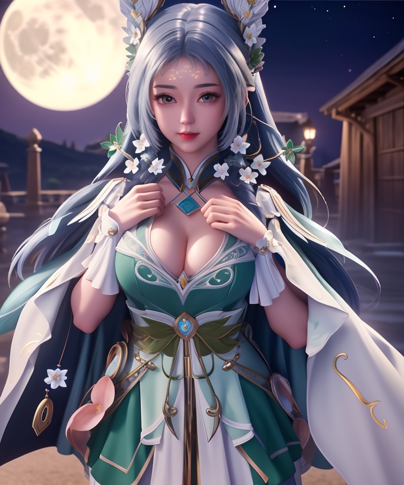 <lora:509-DA-神印王座-夜小泪:0.8>(,1girl, ,best quality, ),looking at viewer,  ,ultra detailed background,ultra detailed background,ultra realistic 8k cg,, ,masterpiece, (( , )),, ,   ,   cure blossom, full moon,night,night sky,  (cleavage), (), ,,