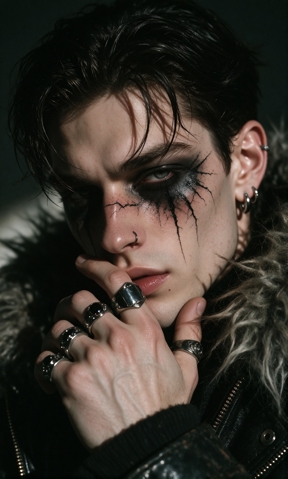 handsome masculine man,  slicked-back black hair,  realistic cracked black makeup radiating from the eyes across the cheek...