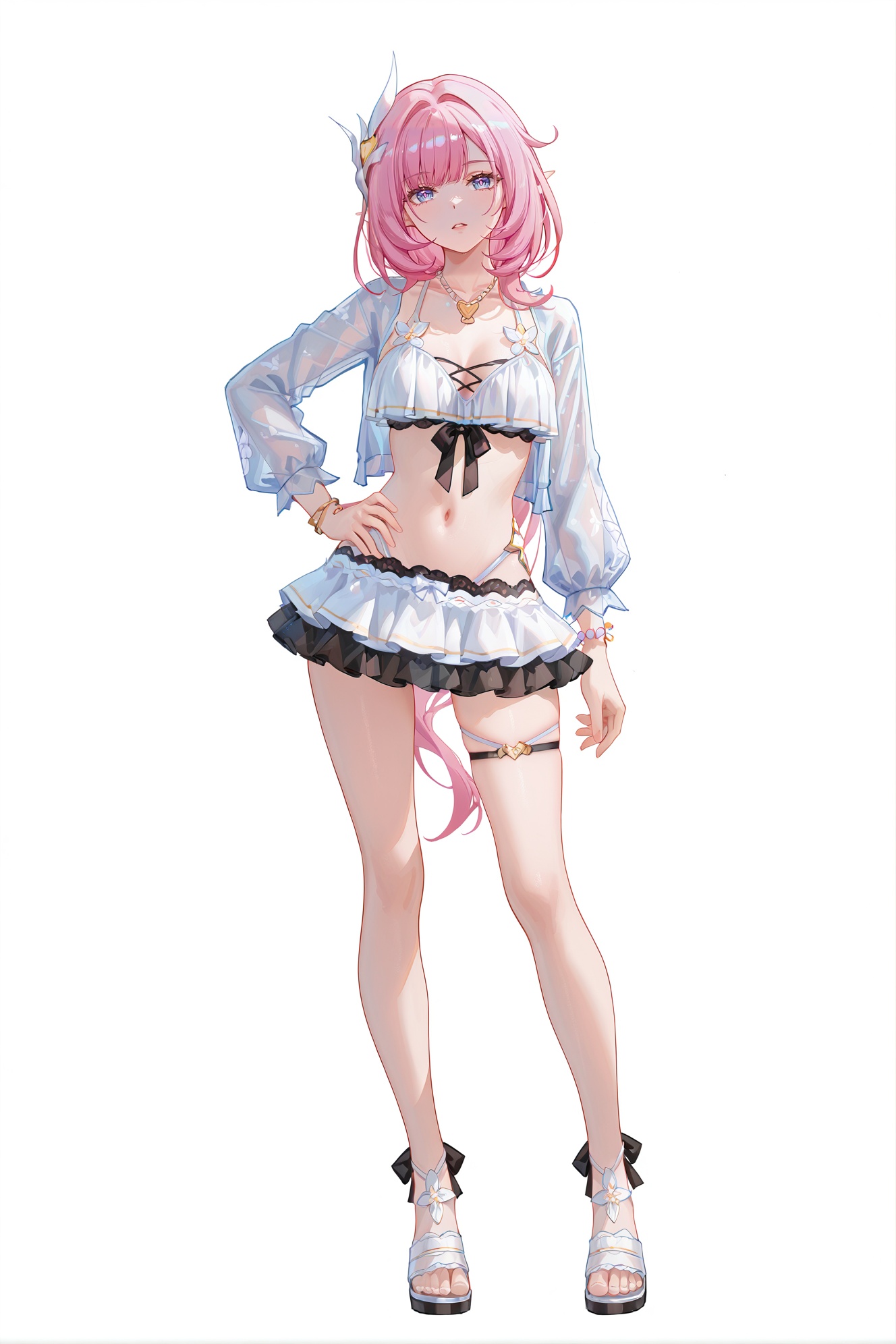 8k,best quality,masterpiece,(ultra-detailed),(high detailed skin),((artist:reoen),(artist:fuzichoco),(artist:atdan),(artist:torino_aqua),year 2024:0.8)1girl,[artist:wlop],[artist:ningen_mame],artist:ciloranko,[[artist:rhasta]],artist:tidsean,colorful,full body,full shot,standing,(solo:1.2),simple background,(white background:1.2),hand on own hip,(white background:1.1),looking at viewer,<lora:Elysia-ill-Tanger:0.9>,elysia \(honkai impact\), Elysiasw, clothes: Elysiasw swimsuit, Elysiasw bikini skirt, 1girl, solo, white background, Elysiasw bikini, pink hair, blue eyes, white breasts, bangs, long hair, necklace, frilled bikini, pointy ears, jewelry, sandals,