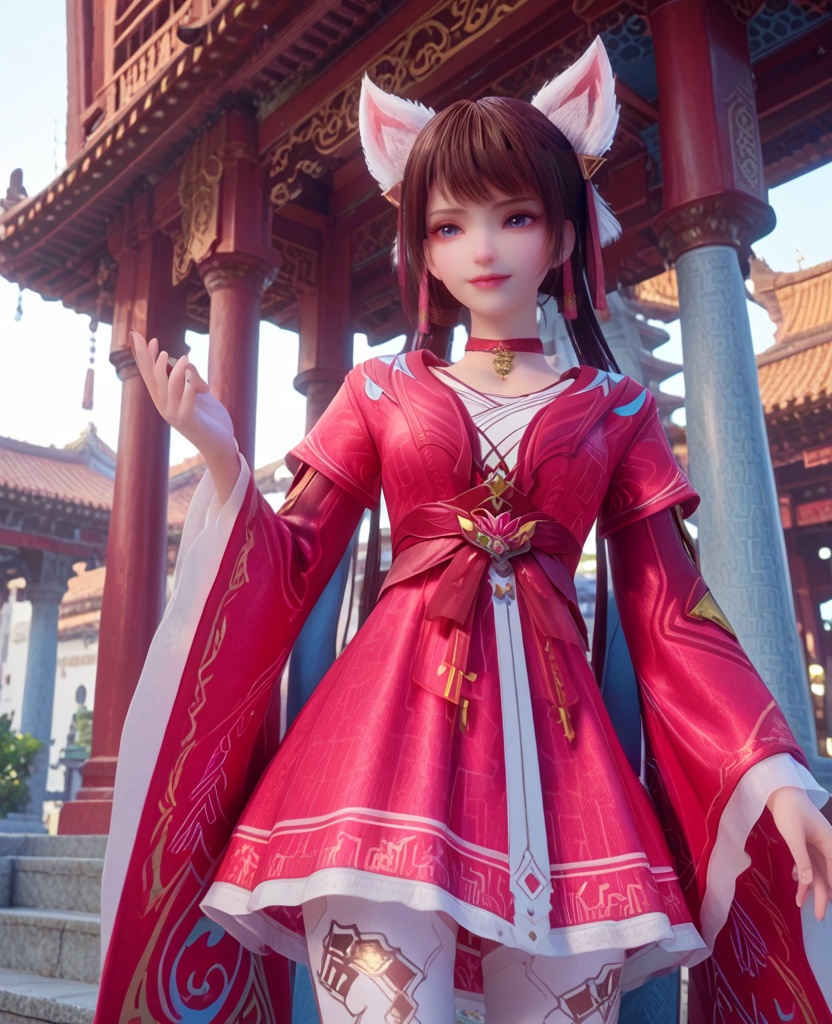 (oriental architecture, elegant decor, sophisticated style:1.1),(Standing tall with shoulders back and a confident smile,:1.1),(breasts:1.2),<lora:XL宗门卧底姜雀:0.95>,miss jiangque,red dress,choker,blue eyes,mole under right eye,bangs,brown hair,twintails,fake fox ears,flare sleeveswhite lining,white thighhighs,sash,white lining,, score_9,score_8_up,score_7_up,score_6_up,score_5_up,score_4_up,3d rendering,tag1,tag2, Cinematic Lighting,backlighting,