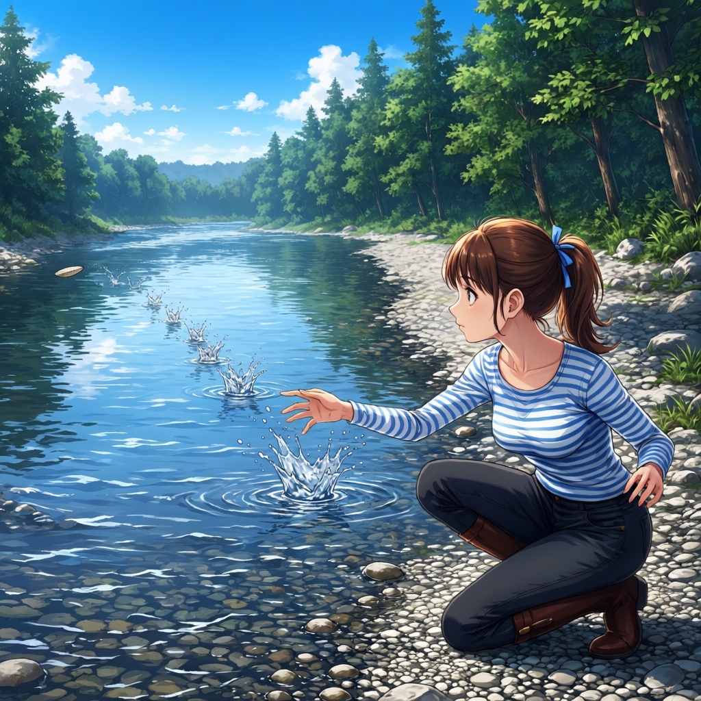 stone skipping,  throwing,  1girl on Tensor.Art
