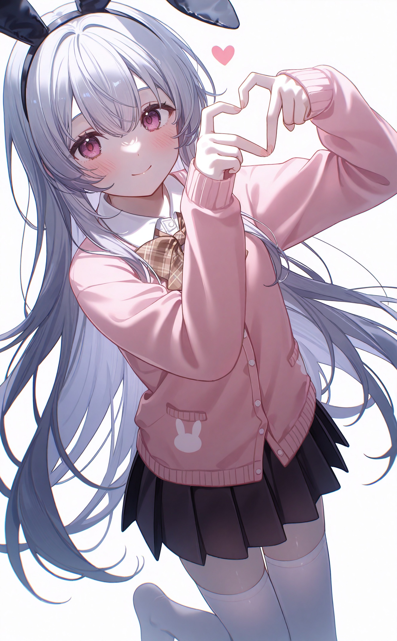 masterpiece,very aware,highres,absurdres,newest,best quality,loli,petite,high quality,chromatic_aberration,cinematic_angle,dutch angle,night,//,umehara,konya karasue,//,1girl,solo,skirt,long hair,pleated skirt,black skirt,very long hair,heart hands,hair between eyes,rabbit ears,thighhighs,black hairband,animal ears,smile,heart,shirt,pink cardigan,grey hair,plaid bow,bow,collared shirt,hairband,simple background,fake animal ears,white shirt,closed mouth,long sleeves,white background,cardigan,plaid,white thighhighs,hands up,pink jacket,dress shirt,looking at viewer,sleeves past wrists,purple eyes,grey background,blush,red bow,rabbit print,jacket,school uniform,plaid bowtie,brown eyes,black bow,eyebrows hidden by hair,standing on one leg,standing,cowboy shot,red eyes,brown bow,
