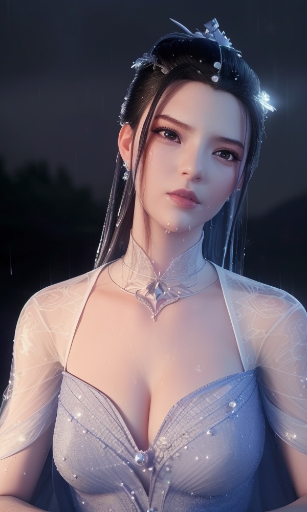 <lora:431-DA-逆天邪神-楚月婵:0.8> ,(,1girl, ,best quality, ),looking at viewer, ,ultra detailed 8k cg, ultra detailed background,  ultra realistic 8k cg,          cinematic lighting, cinematic bloom, (( , )),,  , unreal, science fiction,  luxury, jewelry, diamond, pearl, gem, sapphire, ruby, emerald, intricate detail, delicate pattern, charming, alluring, seductive, erotic, enchanting, hair ornament, necklace, earrings, bracelet, armlet,halo,masterpiece, (( , )),,  ,cherry blossoms,(((, night,night sky,,  ultra high res, (photorealistic:1.4), raw photo, 1girl, , rain, sweat, ,wet, )))(( , ))   (cleavage), (), 