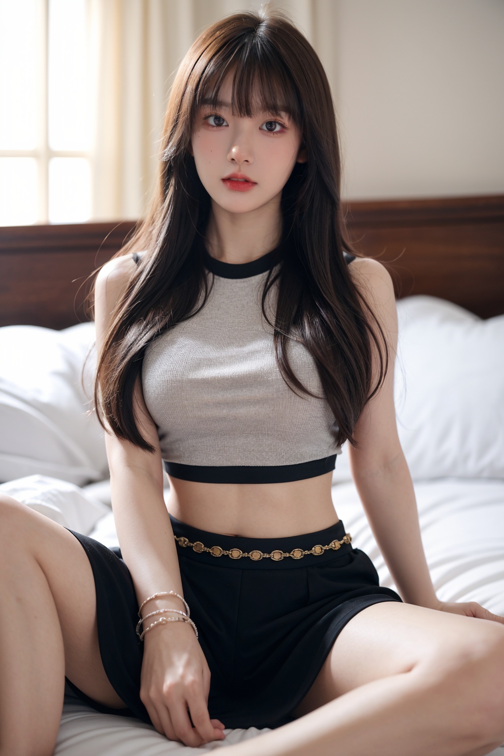 Long hair, jewelry, 1girl, looking at viewer, blur, solo focus, bangs,Dresses,Oblique Angle of view,(whole body:1.1),midriff, shorts,spread your legs, in bed <lora:YG诱惑坐姿02:0.75>,