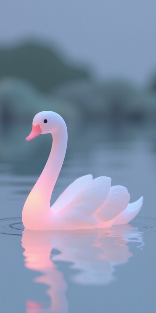 beijihui,beijihui,a vibrant pink porcelain swan glides on a calm blue lake. The swan's feathers are smooth **** porcelain with delicate white patterns,and its neck glows with a soft pink light. The background is a blurred sky blue,creating a serene and magical scene.,
