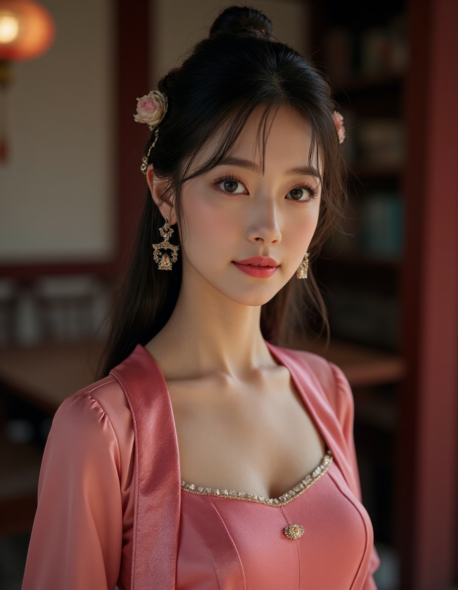 HDR photo of cinematic film still 1girl, solo, dress, long hair, hair ornament, chinese clothes, jewelry, earrings, realistic, pink dress, looking at viewer, sash, waist up, chinese dress, brown hair, parted lips, black hair, cleavage, long sleeves, . shallow depth of field, vignette, highly detailed, high budget, bokeh, cinemascope, moody, epic, gorgeous, film grain, grainy . High dynamic range, vivid, rich details, clear shadows and highlights, realistic, intense, enhanced contrast, highly detailed