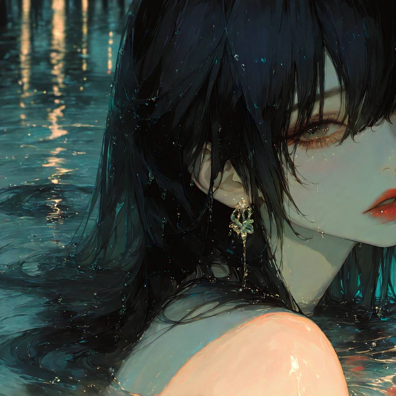 <lora:Tourun ThickPaint Style:0.8>,absurdres,realistic,rim light,wallpaper,best quality,1girl,solo,black hair,looking at viewer,earrings,jewelry,parted lips,bangs,long hair,water,portrait,red lips,blurry,water drop,rain,hair between eyes,bare shoulders,blurry background,lips,eyelashes,