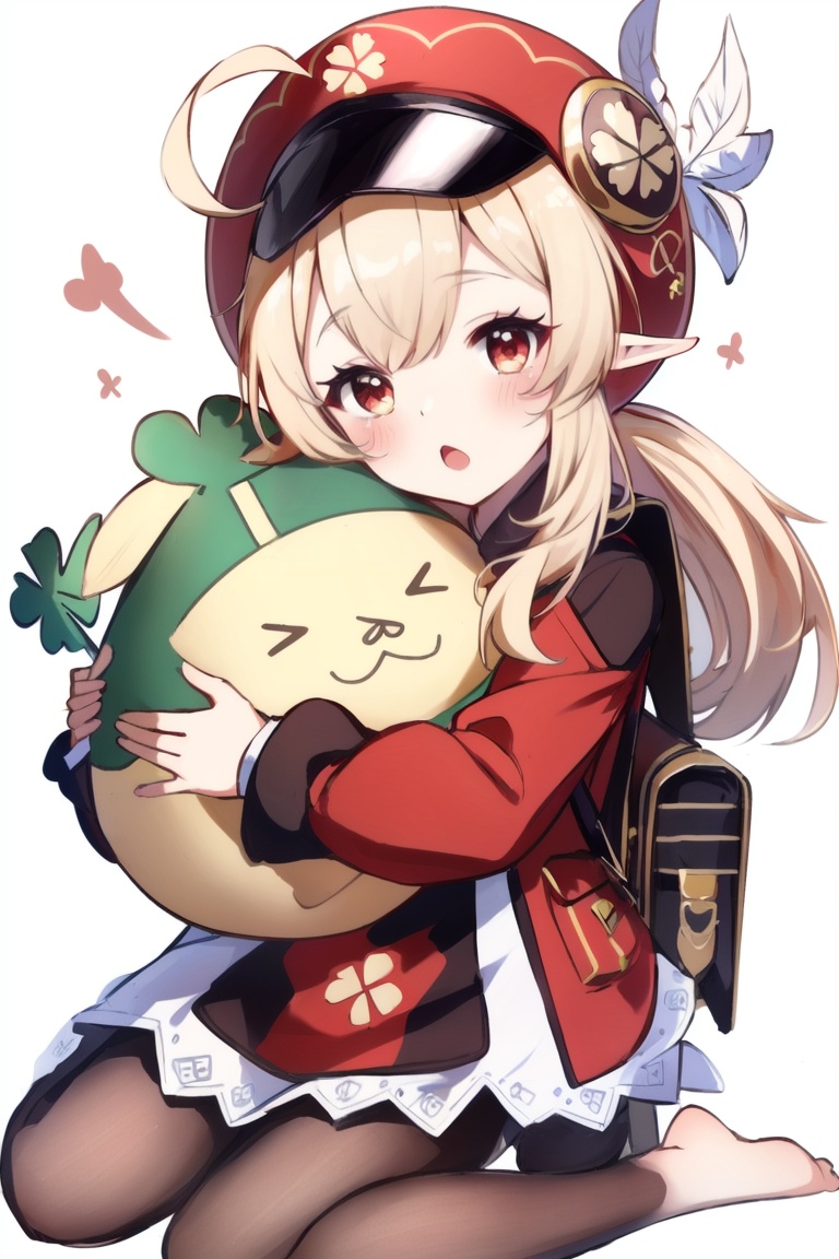 ((HRD, HUD, 8K)),((masterpiece, best quality)), highly detailed,Klee, 1girl, klee (genshin impact), backpack, hat, red headwear, bag, hat feather, pointy ears, red eyes, looking at viewer, red dress, solo, ahoge, barefoot, dodoco (genshin impact), sitting, dress, bangs, blonde hair, wariza, long sleeves, twintails, cabbie hat, white background, clover, hair between eyes, long hair, simple background, open mouth, randoseru, low twintails, feathers, four-leaf clover, object hug, :o, charm (object), clover print, stuffed toy, jumpy dumpty, sidelocks, holding, doll hug, twitter username,  <lora:20240702-1719916281946:0.8>