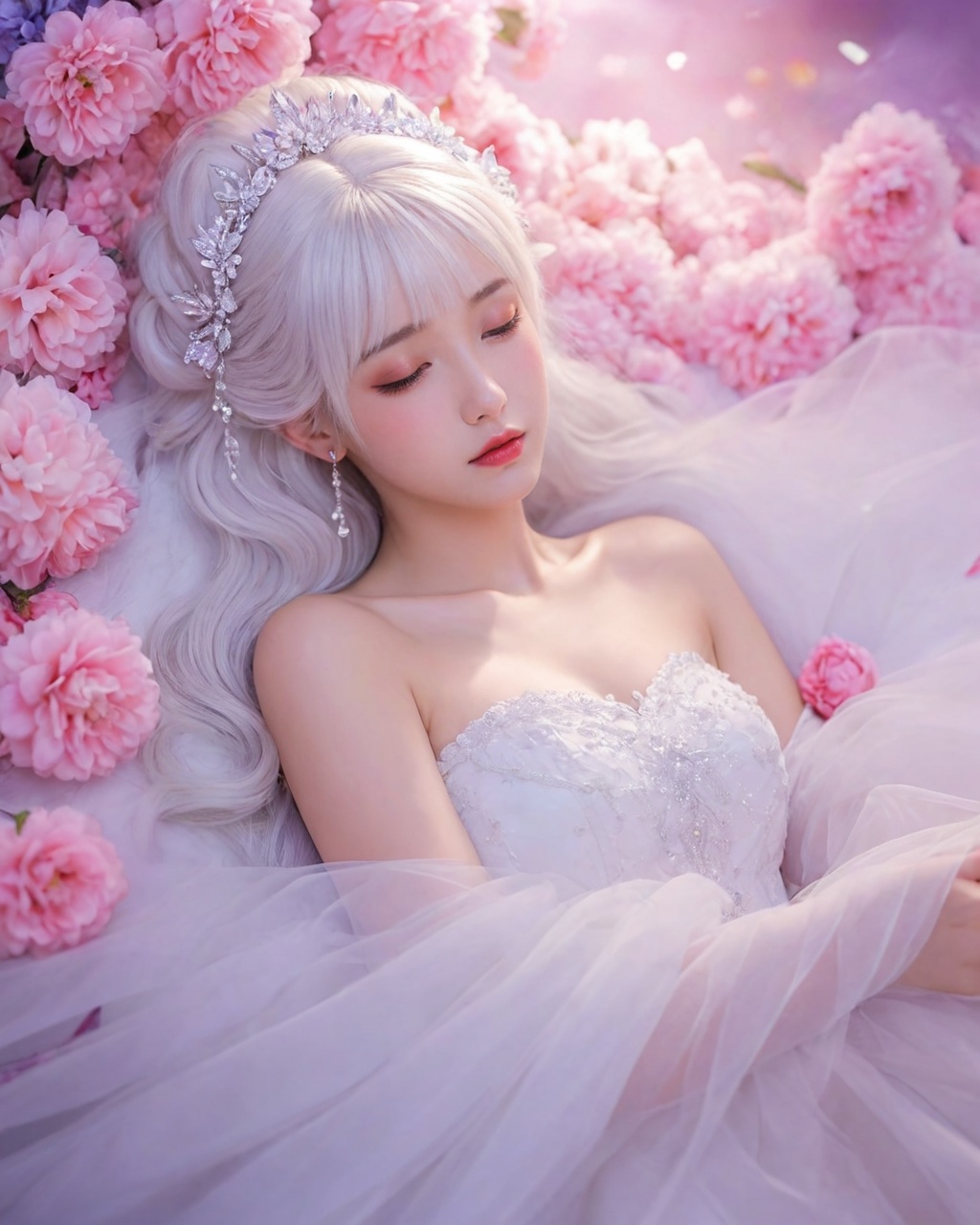 Masterpiece,Dazzling multicolored light,ultra detailed,A girl.,In the flowers,**** a sleeping princess,Earrings,White feather tulle,Long white eyelashes,Extra-long hair is slightly curly,White hair,(Hair takes up the entire frame),a charming face,Glowing lips,clavicle,Shoulder exposure,Floating petals,Dreamy and beautiful,The characters are thick and painted.,Fine strokes,Wallpaper,The background is graded with white and purple,anime aesthetic,Poolcoreanime beauty,Hyperrealism,sparkle,textured skin,super detail,best quality,8k,