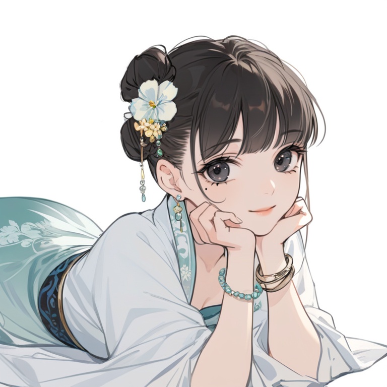 (best quality), ((masterpiece)), (highres), illustration, original, extremely detailed, <lora:Old wind:0.7>licg, 1girl, jewelry, hair ornament, mole under eye, bracelet, on stomach, earrings, mole, flower, hair flower, looking at viewer, solo, head rest, lying, black eyes, hair bun, black hair, simple background, white background, bangs, smile, chinese clothes, animal, single hair bun