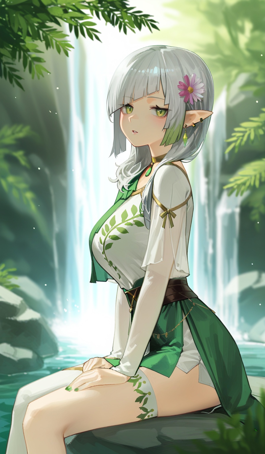 <lora:YoonYorry-Style:1.2>,upper body,1girl,solo,elf,milf, green eyes,silver hair,green gradient hair,green fingernails,long hair,(diagonal bangs:1.3),large breasts,sidelocks, greco-roman clothes,white shirt,short sleeves,(short over long sleeves),single bare shoulder,hair flower,cosmos,miniskirt,see-through sleeves,side cape,choker,side slit,layered dress,single thighhigh,white thighhigh,eardrop, upper body,light blush,looking at viewer,jitome,parted lips,sitting,from side, waterfall,rock,nature,depth of field,blurry background,backlighting,light particles,Leaf embroidery.,