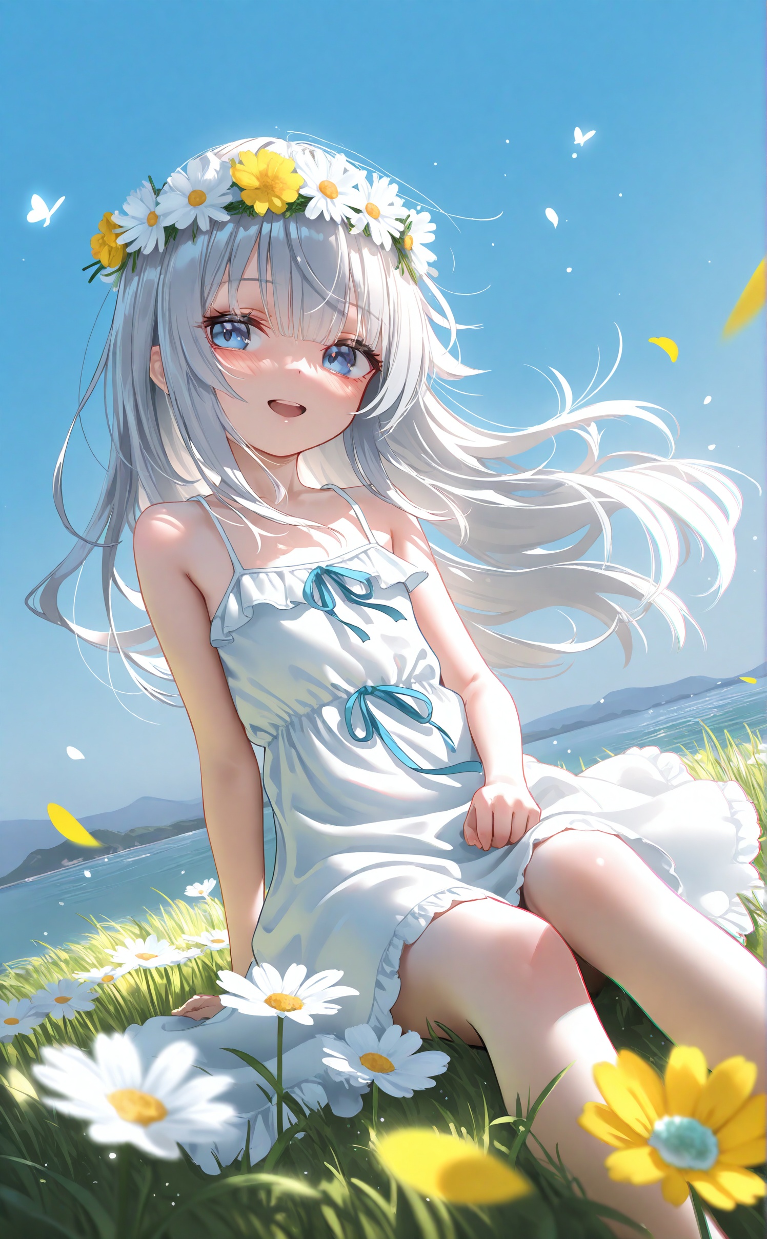 masterpiece,very aware,highres,absurdres,newest,best quality,loli,petite,high quality,chromatic_aberration,cinematic_angle,dutch angle,//1girl,bug,butterfly,solo,blue eyes,dress,long hair,outdoors,sitting,white hair,looking at viewer,flower,head wreath,smile,grass,open mouth,white dress,petals,on grass,blush,frilled dress,flower wreath,frills,day,blue ribbon,water,white flower,sundress,falling petals,lake,ribbon,sleeveless,sleeveless dress,very long hair,:d,yellow butterfly,ocean,bare shoulders,collarbone,yellow flower,grey hair,arm support,bare arms,blunt bangs,wind,daisy,feet out of frame,sky,floating hair,scenery,hair between eyes,spaghetti strap,hand on lap,dandelion,blue hair,sidelocks,horizon,blue sky,white butterfly,on ground,looking to the side,river,<lora:Komachan:0.9>,
