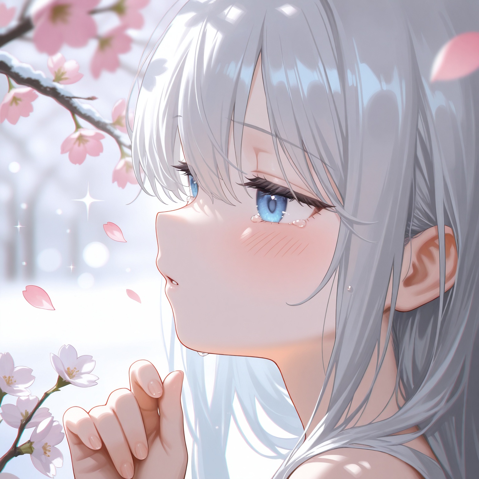 masterpiece,absurdres,best quality,((petite)),loli,high quality,chromatic_aberration,shiny_skin,//,1girl,solo,blue eyes,petals,cherry blossoms,blurry background,blurry,long hair,flower,close-up,parted lips,hair between eyes,grey hair,blush,falling petals,branch,hand up,portrait,tears,spring \(season\),white flower,depth of field,fingernails,sparkle,white hair,from side,eyelashes,depth_of_field,background light,available light,silver,snow,