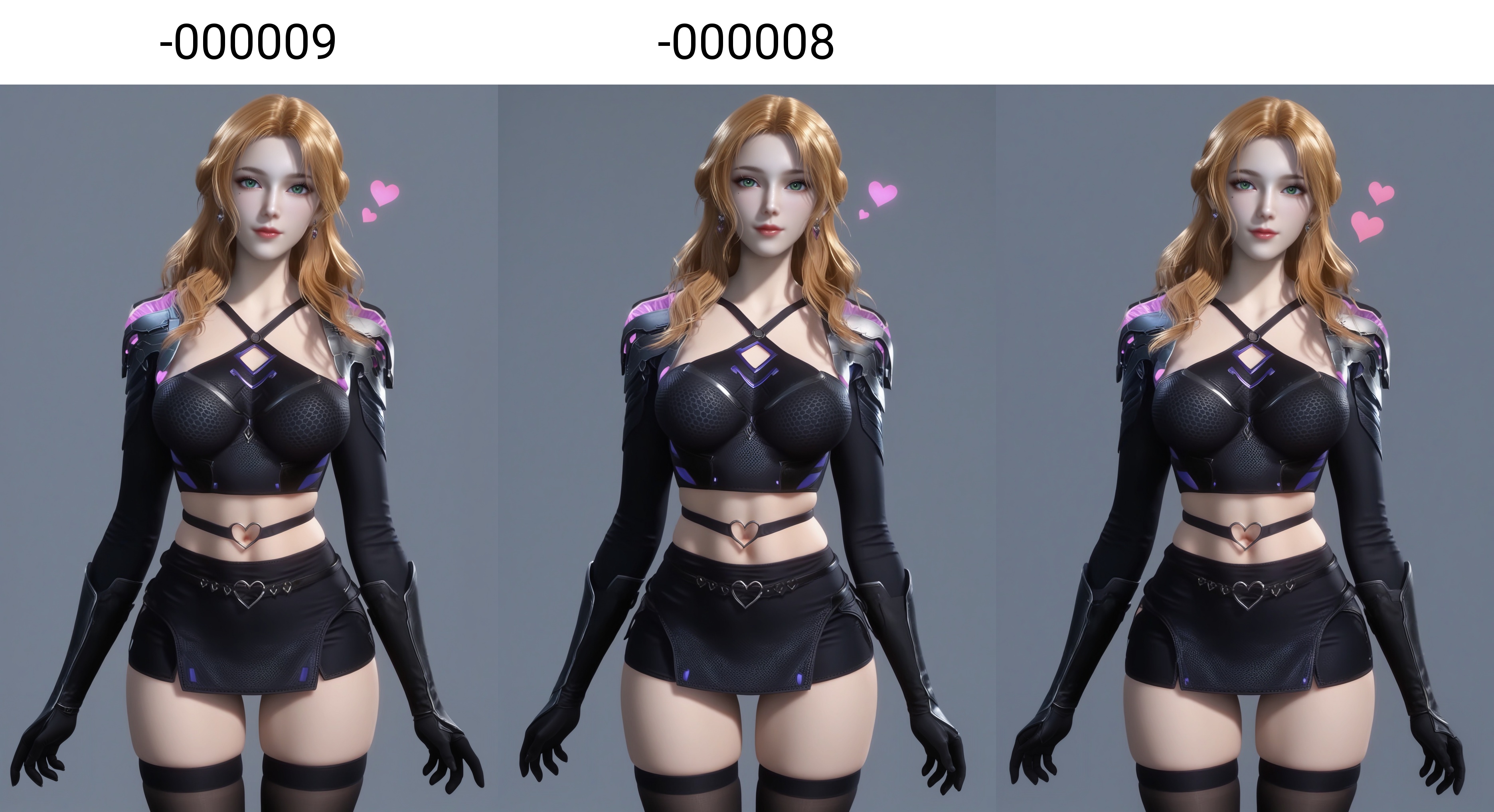 (score_9),<lora:珍妮特-apony-000009:0.83>,znt,1girl,solo,long hair,blonde hair,earrings,green eyes,braid,mole under eye,crop top,belt buckle,shoulder armor,midriff,black skirt,black gloves,navel,thighhighs, black pantyhose, see-through,<lora:perfect eyes_v1:0.8>,light blush,Expressiveh,<lora:Expressive_H-000001:0.8>,collarbone,(glamor:1.2),curvy,BREAKlooking at viewer,front view,<lora:e肤色滑块:0.5>,fair_skin,(pale_skin),((white skin)),light skin,<lora:皮肤凹痕:1.2>,ultra-detailed skin texture,detailed textures,BREAKsimple background,grey background,<lora:e色温:0.35>,4K ultra HD,sharp focus,high detail,natural lighting,high contrast,hearts,Volumetric Lighting,Tyndall effect,