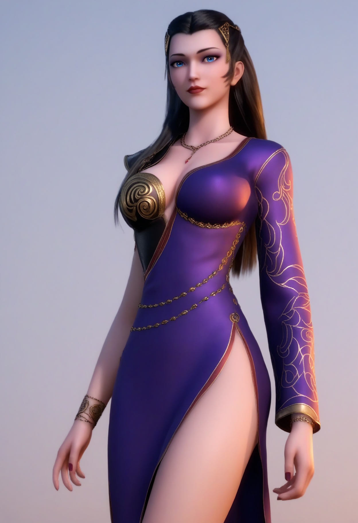 score_9,score_8_up,score_7_up,high detail,best quality,cinematic lighting,volumetric lighting,shiny skin,shiny,1girl,solo,blue eyes,dress,necklace,jewelry,long hair,huge_breasts,hair ornament,purple dress,black hair,cleavage,realistic,armor,red lips,makeup,white background,single sleeve,bracelet,looking at viewer,thighs,<lora:QQSponyxinyuekuiV1:0.8>,<lora:Pony_DetailV2.0:0.8>,<lora:皮肤凹痕:0.1>,