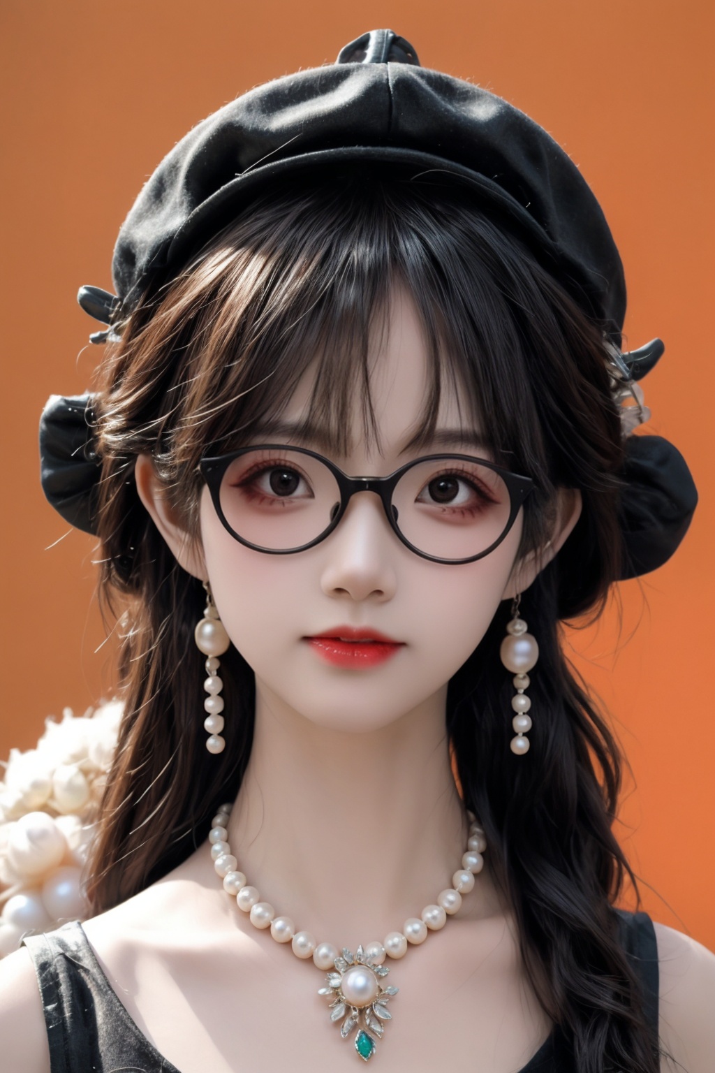masterpiece,best quality,1man,saibo,cyberpunk,hat,earrings,glasses,simple background,pearls and jewels,orange background,