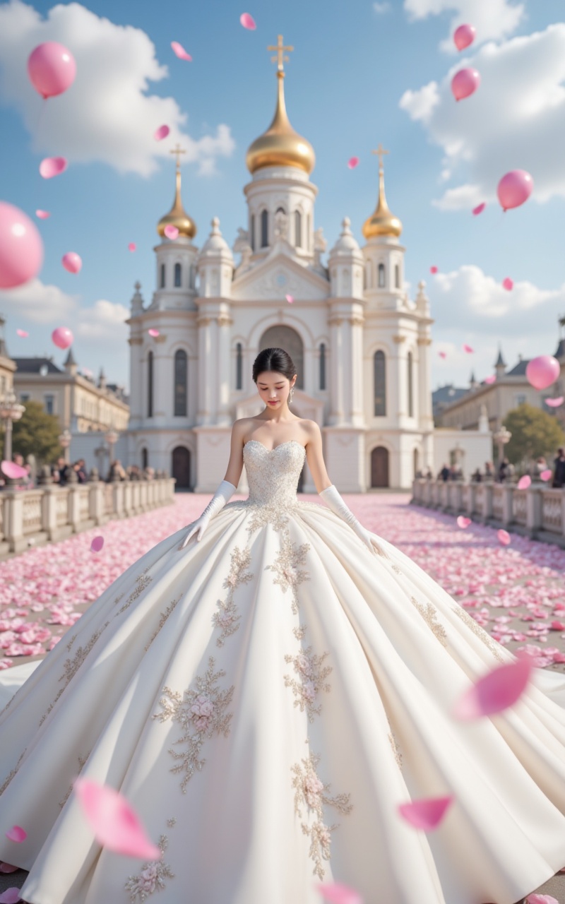 <lora:婚纱17.2:1>,hunsha,1girl,dress,solo,gloves,black hair,elbow gloves,white dress,bare shoulders,white gloves,wedding dress,closed eyes,long dress,strapless,short hair,church,in the background is the 1 glorious church,a large number of petals and balloons flying in the air,<lora:时尚滤镜10:0.5>,